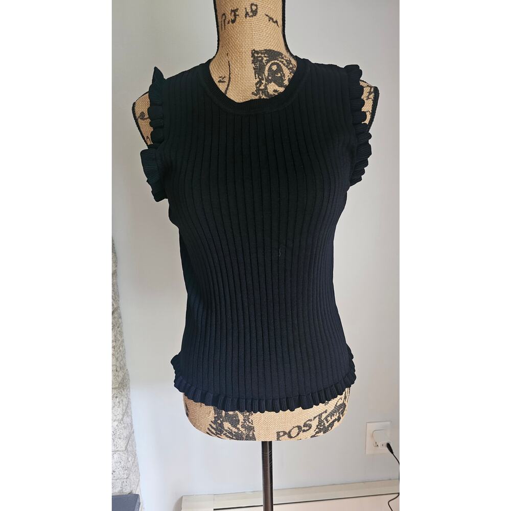 Laundry by Shelli Segal Black Ribbed Sleeveless Knit Top, Ruffled Bottom, Sz M - Picture 6 of 7